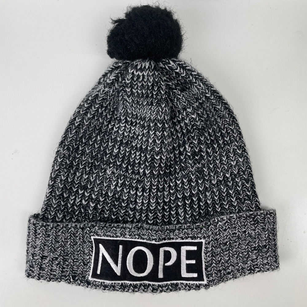Torrid NOPE Graphic Marled Knit Beanie Hat Black Grunge Alt Edgy Faux Fur Pom OS